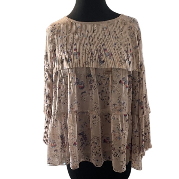 Eri+ Ali Women's Beige Floral Plated‎ Hem Tunic Ruffle Crew Neck Blouse Large - Picture 2 of 8